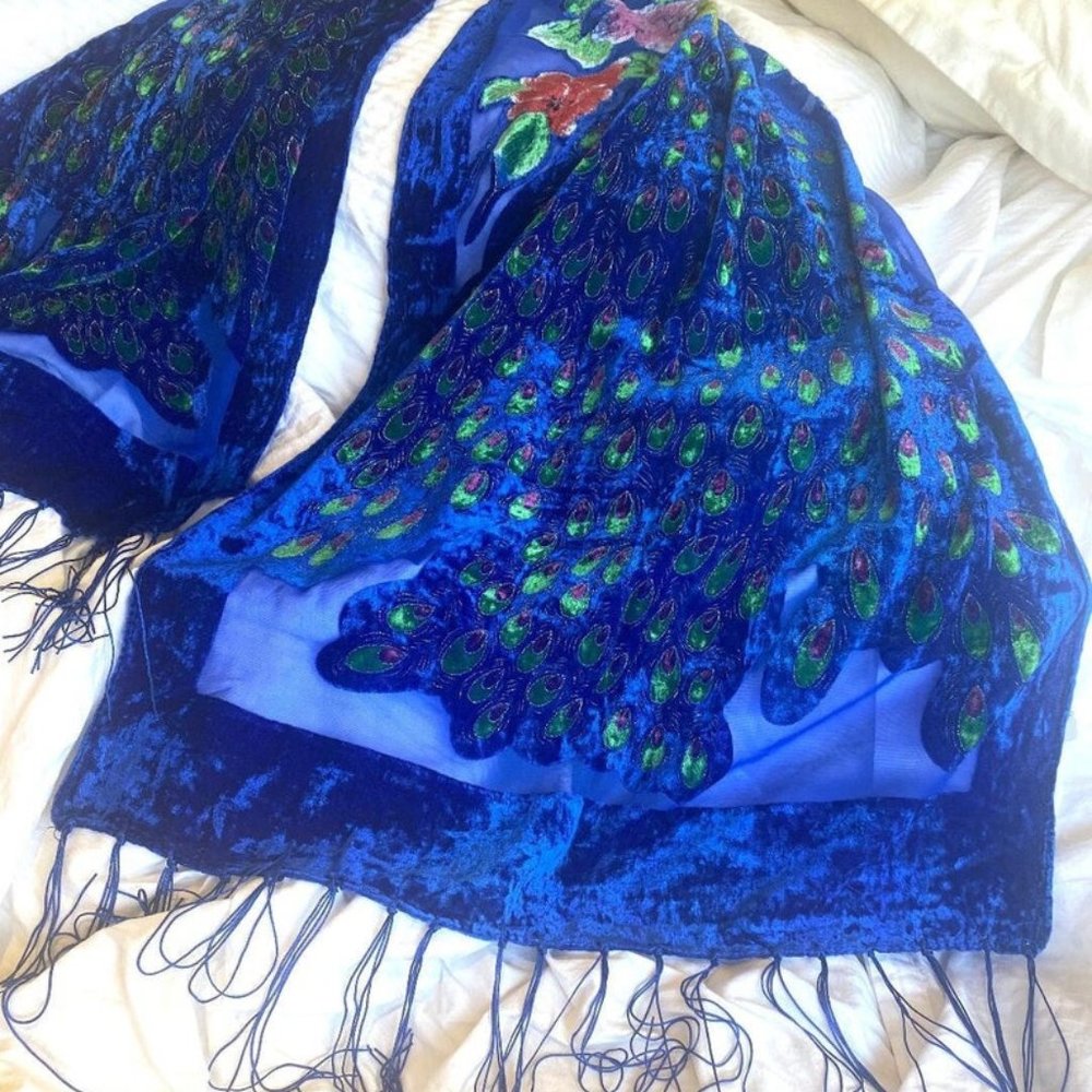 Royal Blue Velvet Scarf, Peacock Scarf, Semi Sheer, Burn out, Flowers, B…
